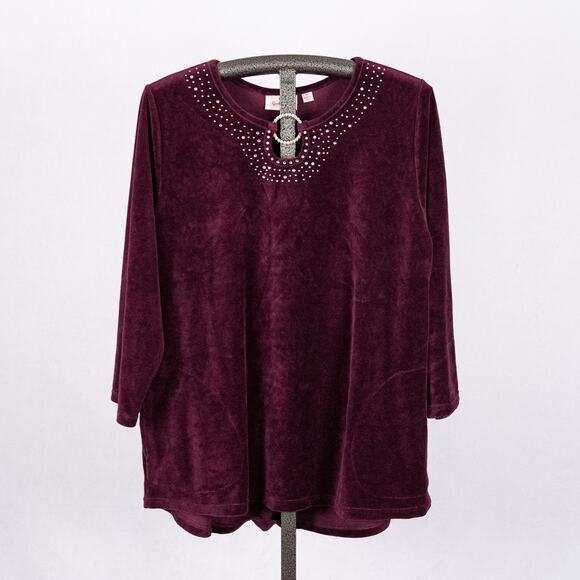 Quacker Factory Women's Velvety Velour Purple Tunic Top XL Rhinestones Holiday - Picture 2 of 6
